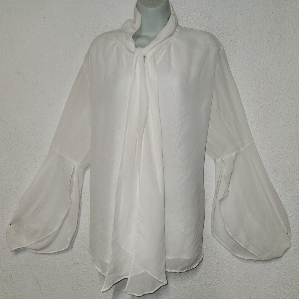 DG2 by Diane Gilman White Sheer Tie-Neck Blouse